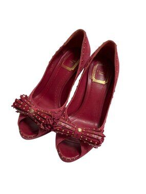 Dior Tassel Ribbon Open Toe Suede Pumps Pink Heels